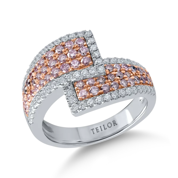 Inel geometric din aur alb-roz cu diamante roz de 0.7ct si diamante incolore de 0.4ct
