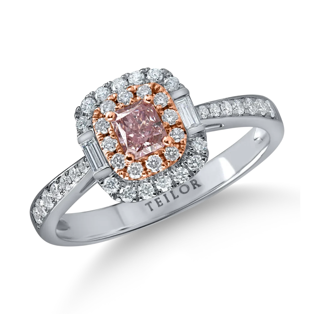 Inel geometric din aur alb-roz cu diamante roz cushion si rotunde si incolore baguette si rotunde de 0.68ct