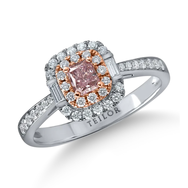 Inel geometric din aur alb-roz cu diamante roz cushion si rotunde si incolore baguette si rotunde de 0.68ct