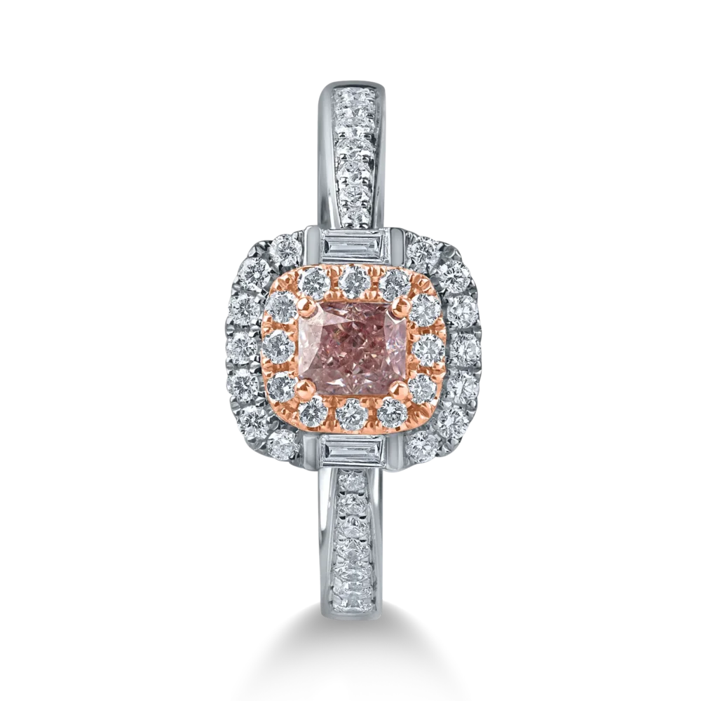 Inel geometric din aur alb-roz cu diamante roz cushion si rotunde si incolore baguette si rotunde de 0.68ct - imagine 2