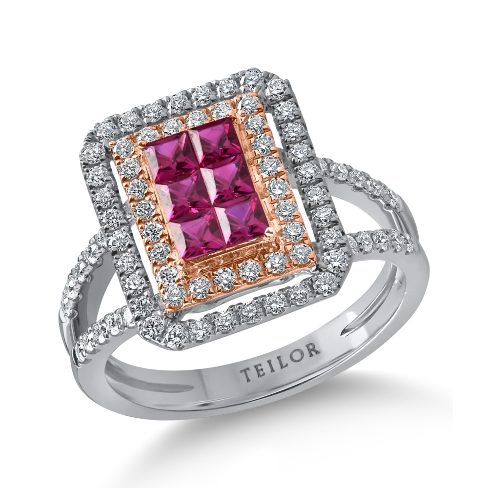Inel geometric din aur alb-roz cu rubine princess de 0.63ct si diamante de 0.6ct