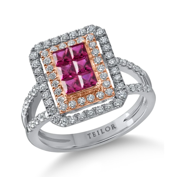 Inel geometric din aur alb-roz cu rubine princess de 0.63ct si diamante de 0.6ct
