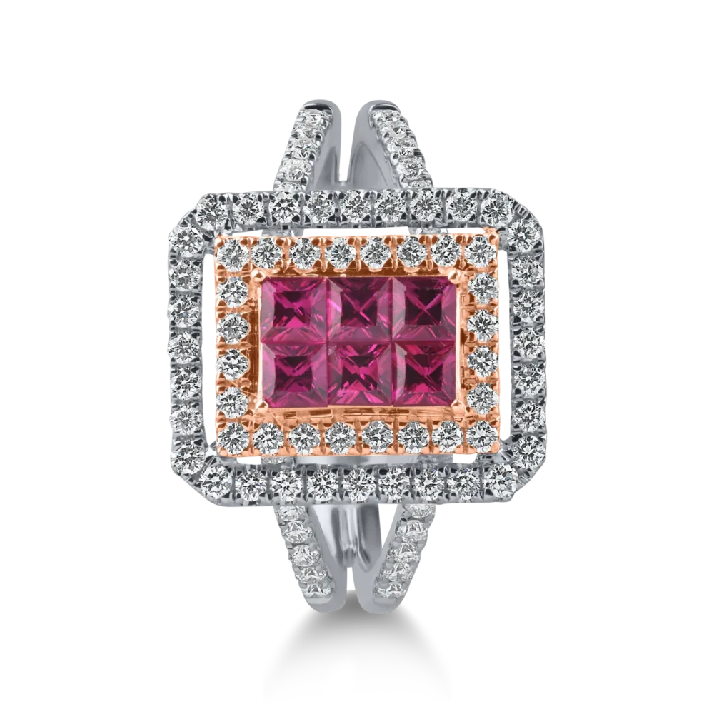 Inel geometric din aur alb-roz cu rubine princess de 0.63ct si diamante de 0.6ct - imagine 2