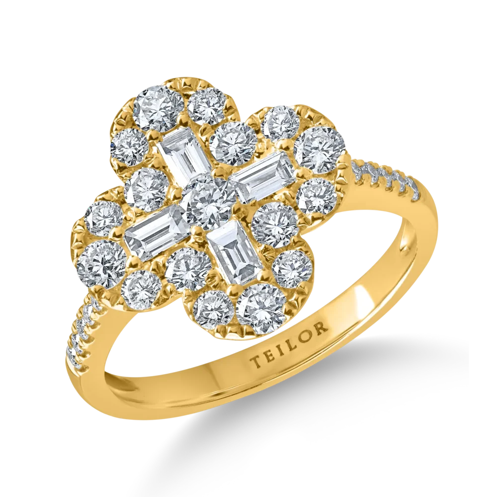 Inel geometric din aur galben cu diamante baguette si rotunde de 1.1ct