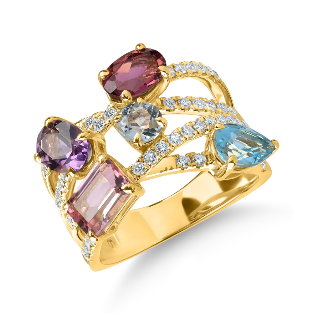 Inel geometric din aur galben cu pietre pretioase si semipretioase de 5.2ct