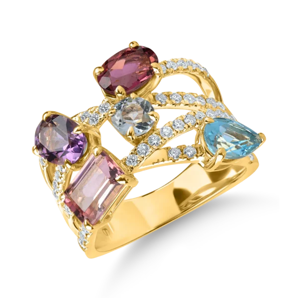 Inel geometric din aur galben cu pietre pretioase si semipretioase de 5.2ct