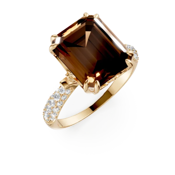 Inel geometric din aur galben cu cuart fumuriu octogonal de 5.5ct si diamante de 0.3ct