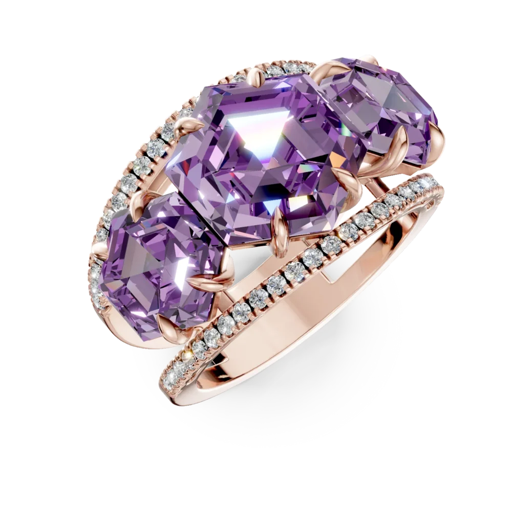 Inel geometric din aur roz cu ametiste hexagonale de 4.4ct si diamante de 0.3ct