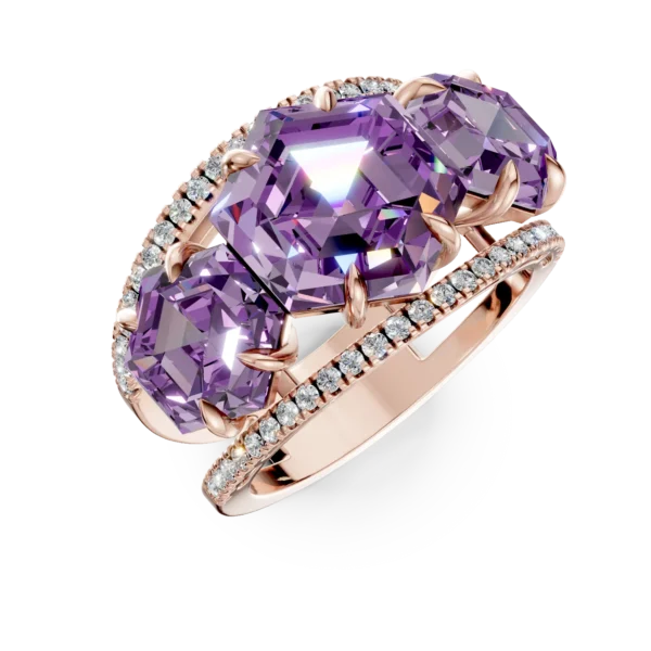 Inel geometric din aur roz cu ametiste hexagonale de 4.4ct si diamante de 0.3ct