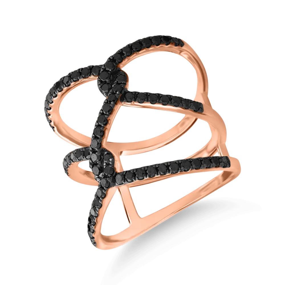 Inel geometric din aur roz cu diamante negre microsetting de 0.7ct