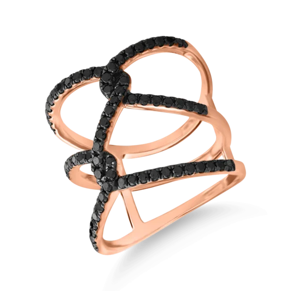 Inel geometric din aur roz cu diamante negre microsetting de 0.7ct