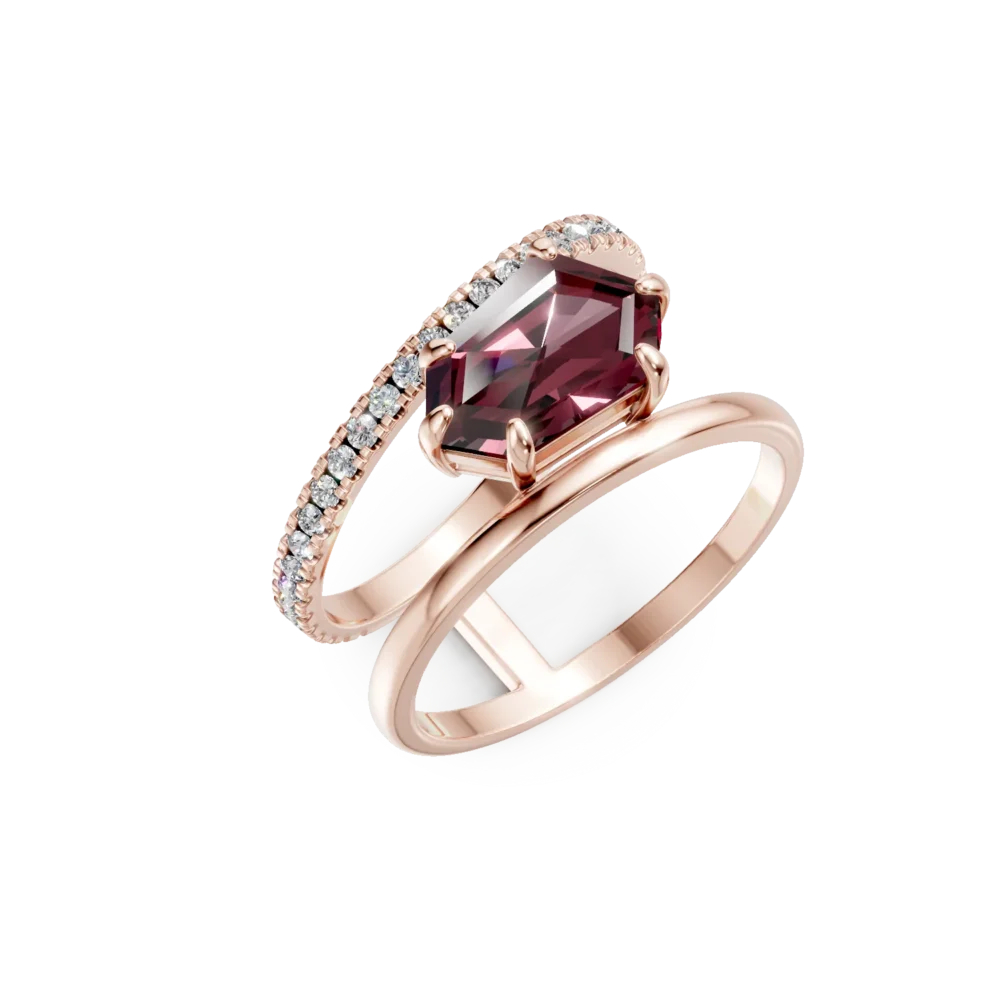 Inel geometric din aur roz cu granat de 2.4ct si diamante de 0.3ct