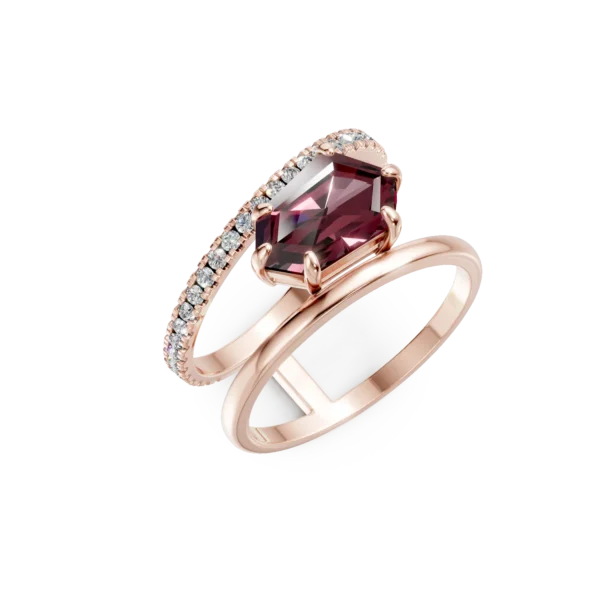 Inel geometric din aur roz cu granat de 2.4ct si diamante de 0.3ct