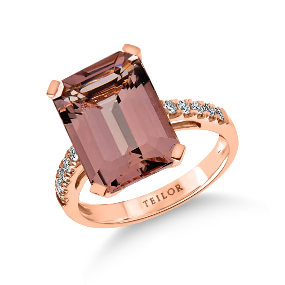 Inel geometric din aur roz cu morganit octogonal de 6.4ct si diamante de 0.2ct