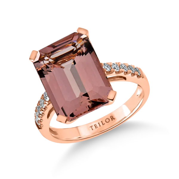 Inel geometric din aur roz cu morganit octogonal de 6.4ct si diamante de 0.2ct
