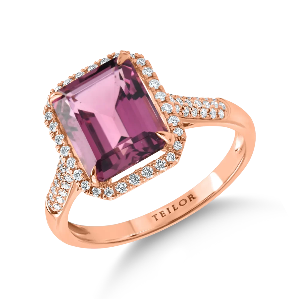 Inel geometric din aur roz cu turmalina roz octogonala de 3.1ct si diamante de 0.2ct