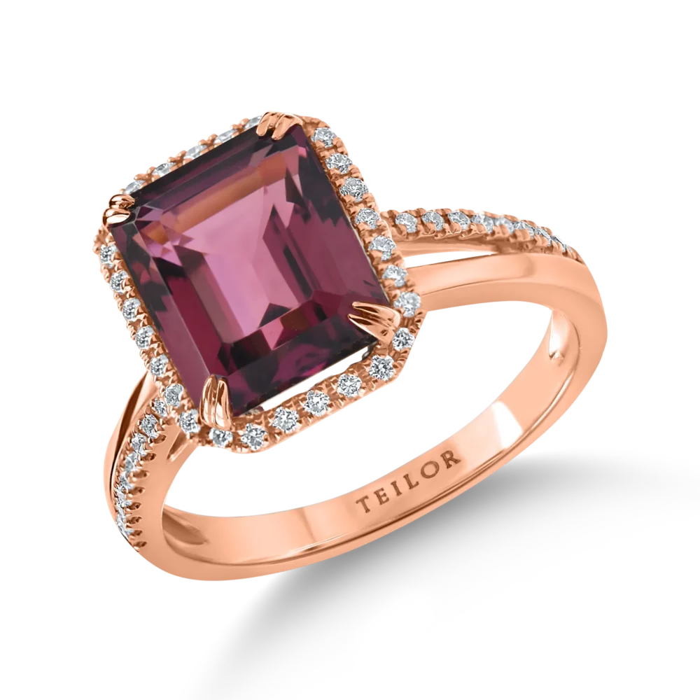 Inel geometric din aur roz cu turmalina roz octogonala de 4.1ct si diamante de 0.2ct