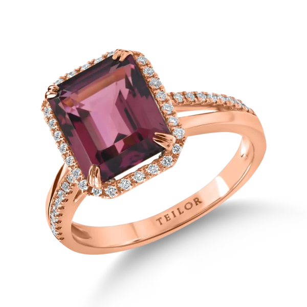 Inel geometric din aur roz cu turmalina roz octogonala de 4.1ct si diamante de 0.2ct
