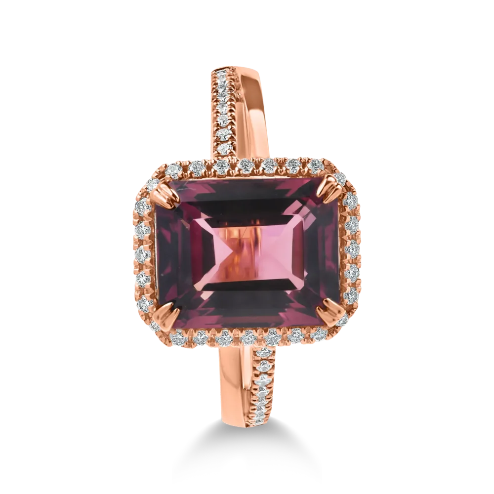 Inel geometric din aur roz cu turmalina roz octogonala de 4.1ct si diamante de 0.2ct - imagine 2