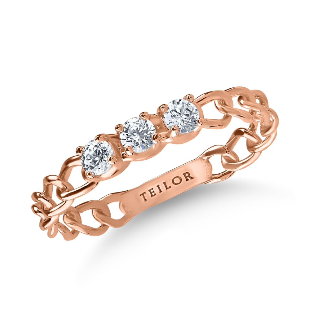 Inel impletit din aur roz cu zirconii