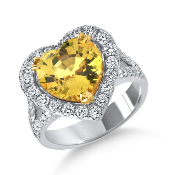 Inel inima din aur alb cu un safir galben heart de 4.6ct si diamante de 0.9ct