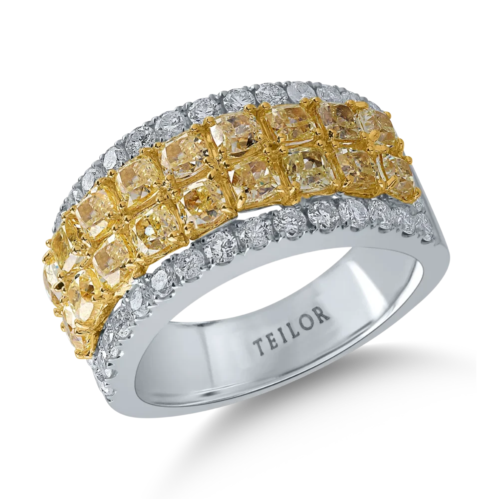 Inel microsetting din aur alb-galben cu diamante galbene cushion si diamante incolore de 3.2ct