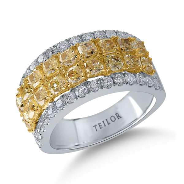 Inel microsetting din aur alb-galben cu diamante galbene cushion si diamante incolore de 3.2ct