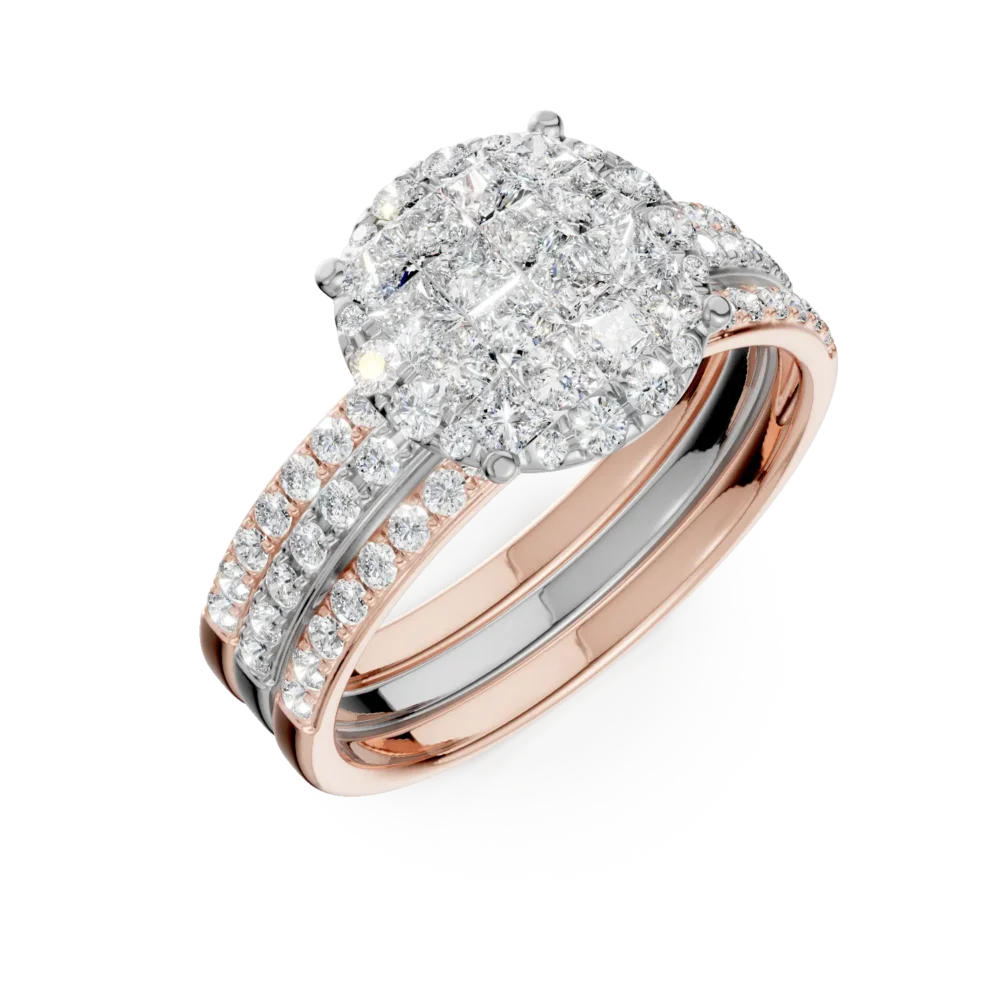 Inel din aur alb-roz cu diamante princess si rotunde de 1ct