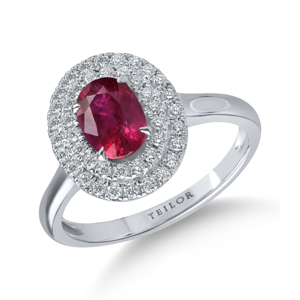 Inel oval din aur alb cu un rubin oval de 1ct si diamante de 0.2ct