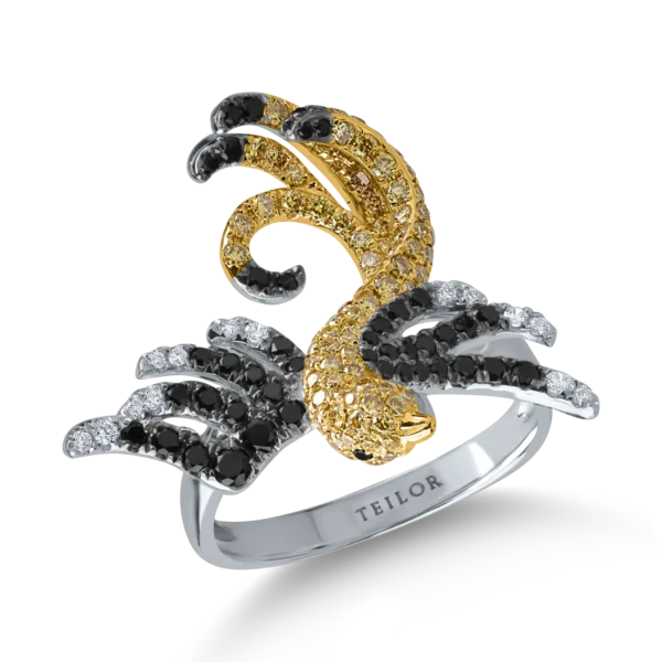 Inel pasare din aur alb-galben cu diamante de 1ct