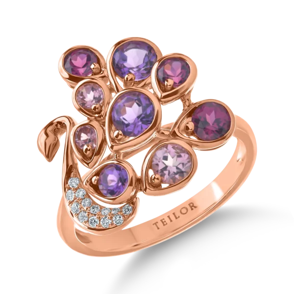 Inel paun din aur roz cu pietre semipretioase de 1.67ct