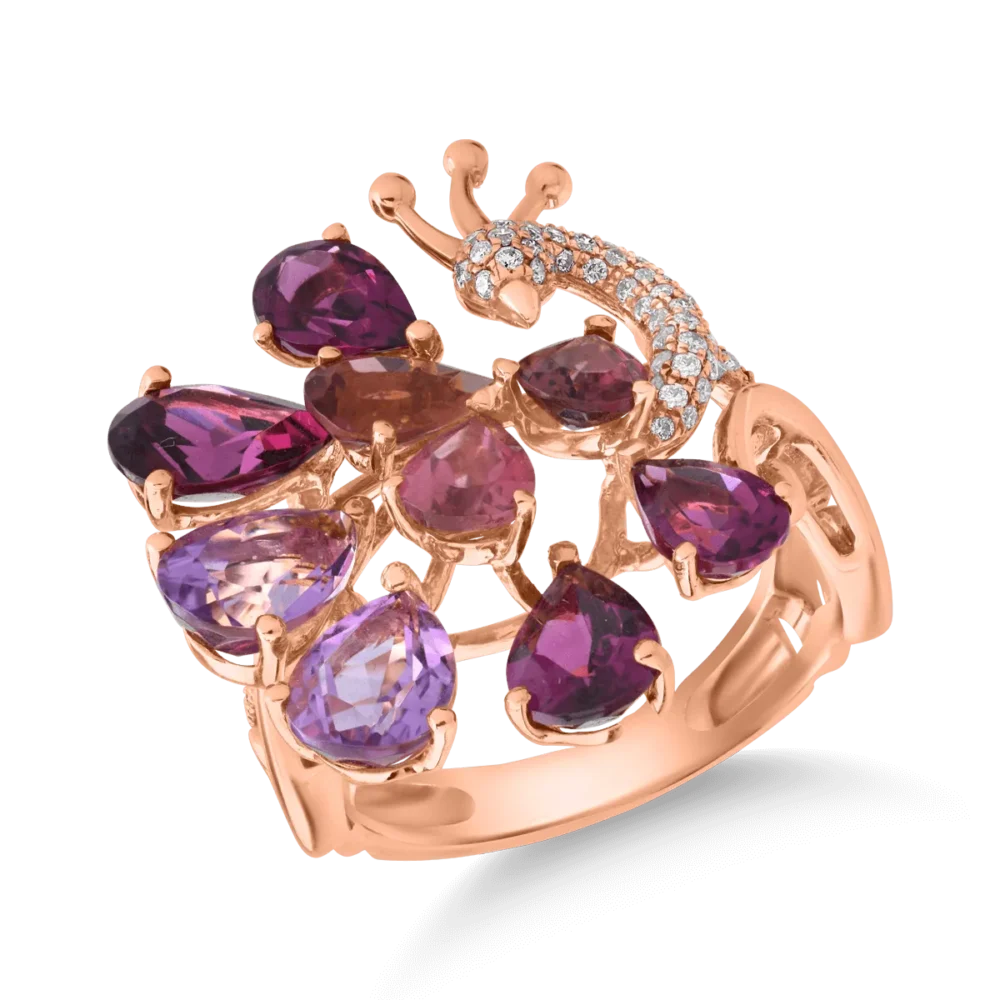 Inel paun din aur roz cu pietre pretioase si semipretioase de 5.78ct