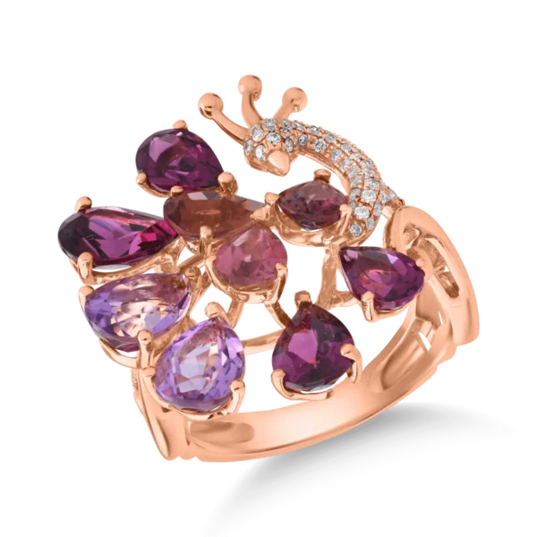 Inel paun din aur roz cu pietre pretioase si semipretioase de 5.78ct