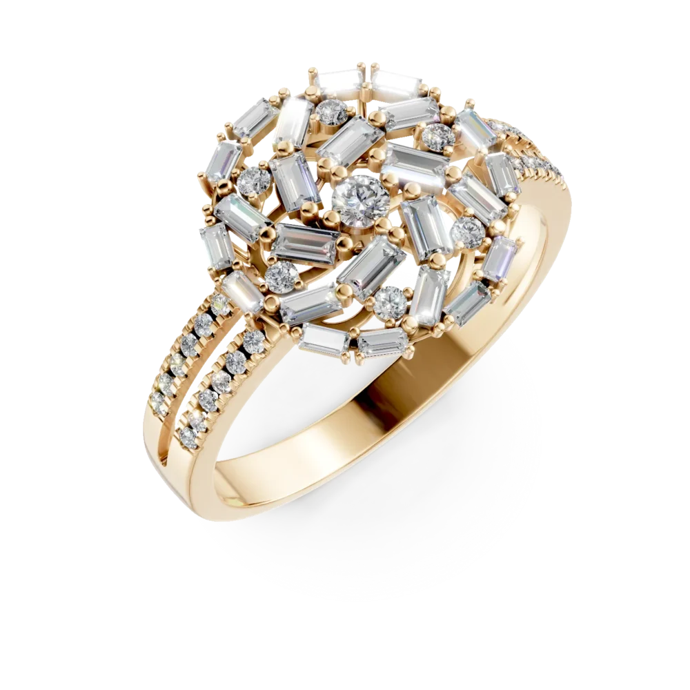 Inel rotund din aur galben cu diamante baguette si rotunde de 0.8ct
