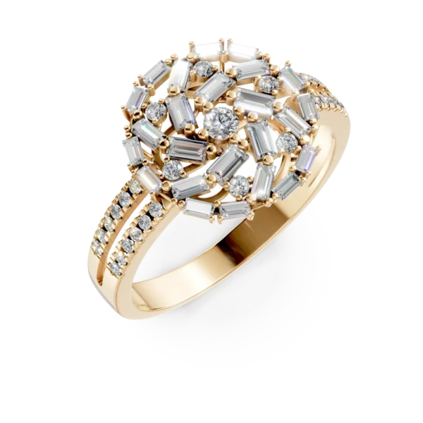 Inel rotund din aur galben cu diamante baguette si rotunde de 0.8ct