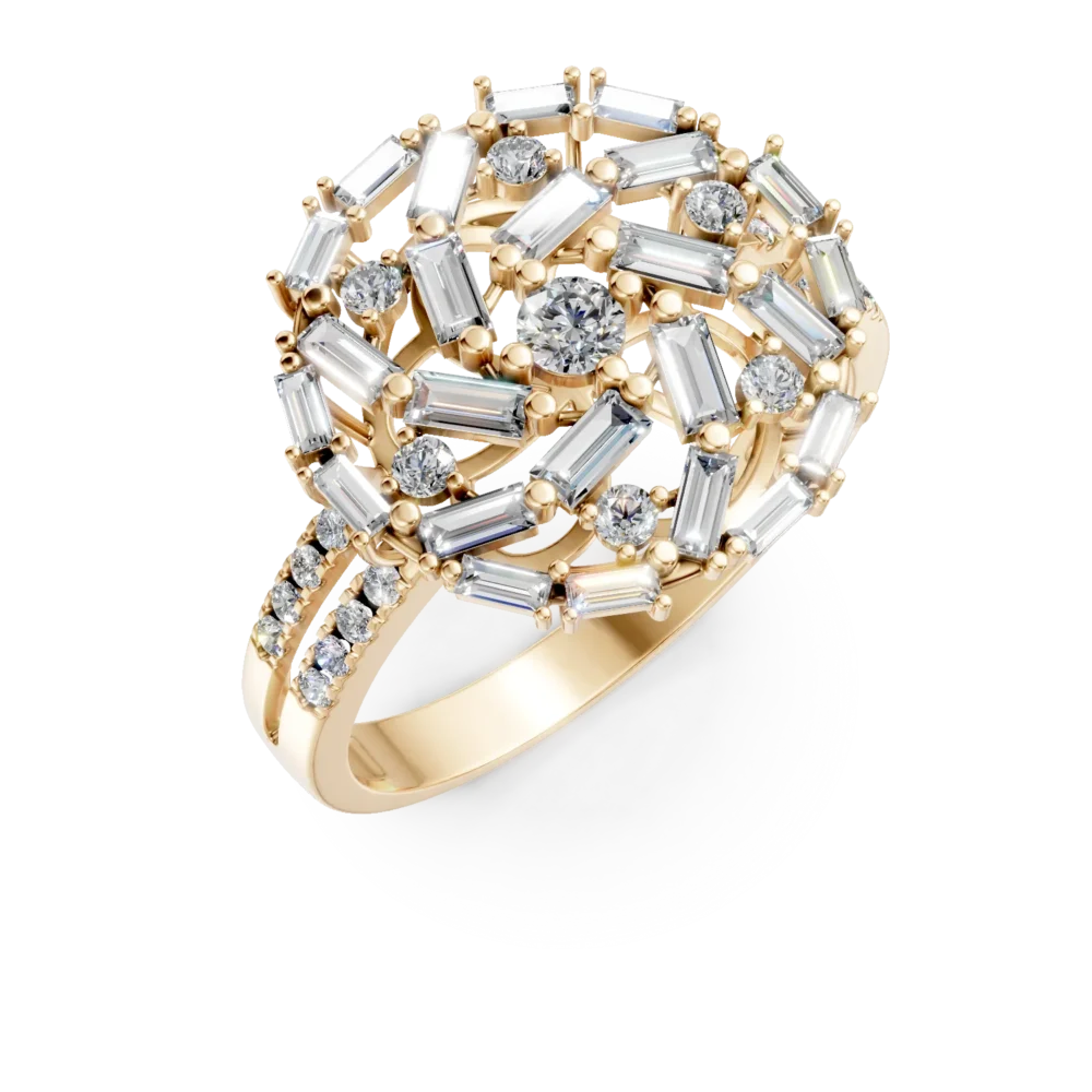 Inel rotund din aur galben cu diamante baguette si rotunde de 1.1ct