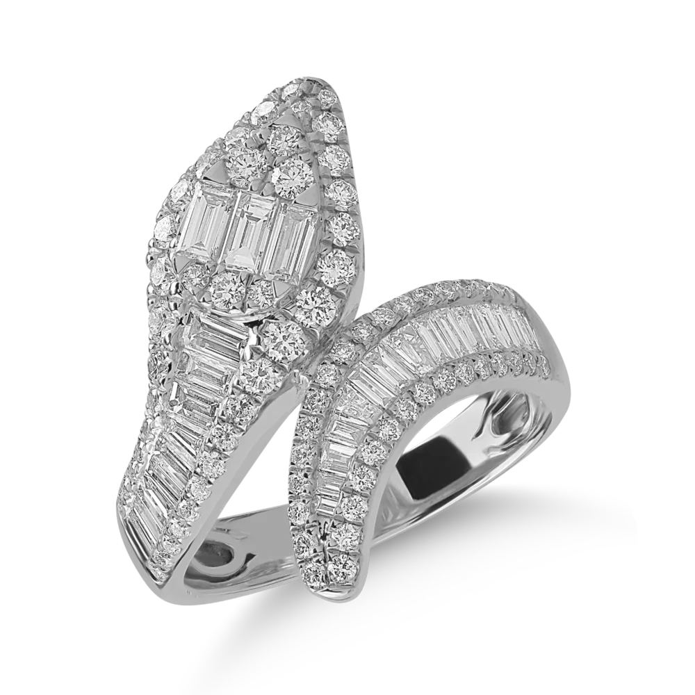 Inel sarpe din aur alb cu diamante baguette si rotunde de 1.4ct