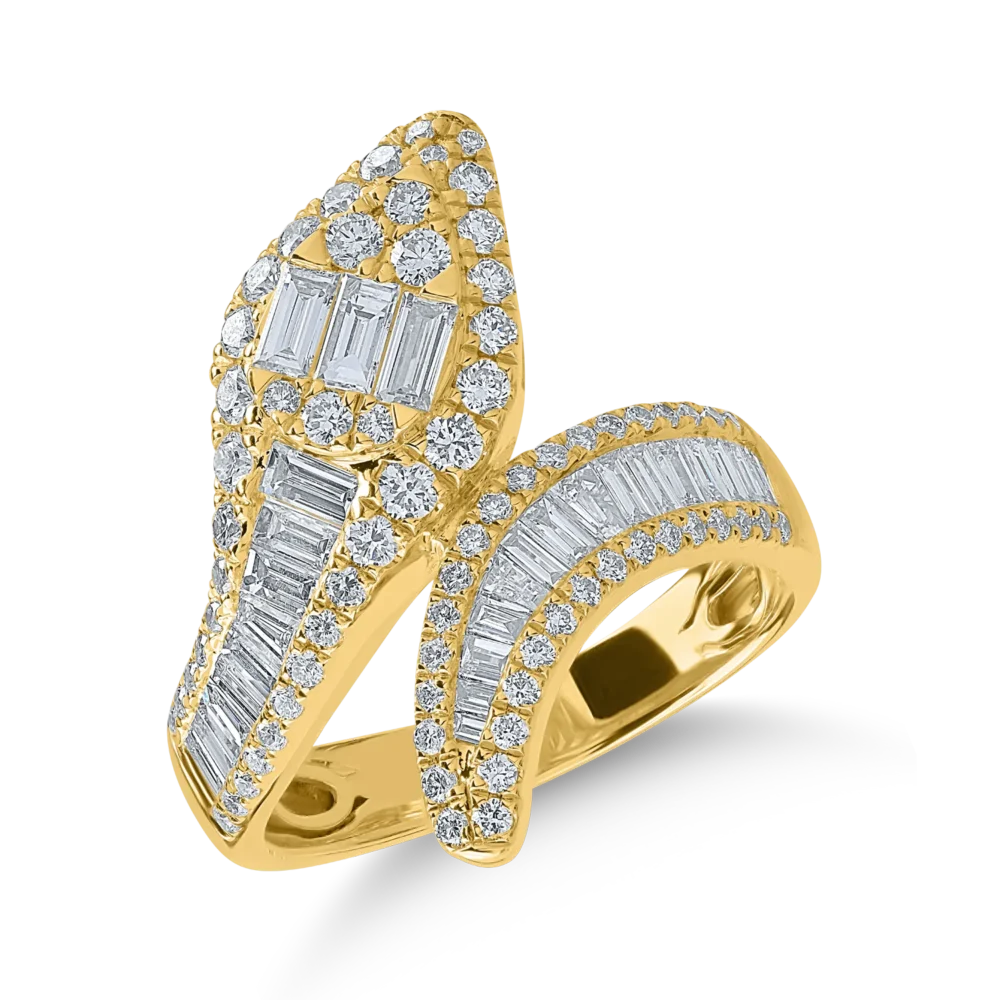 Inel sarpe din aur galben cu diamante baguette si rotunde de 1.4ct