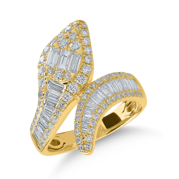 Inel sarpe din aur galben cu diamante baguette si rotunde de 1.4ct