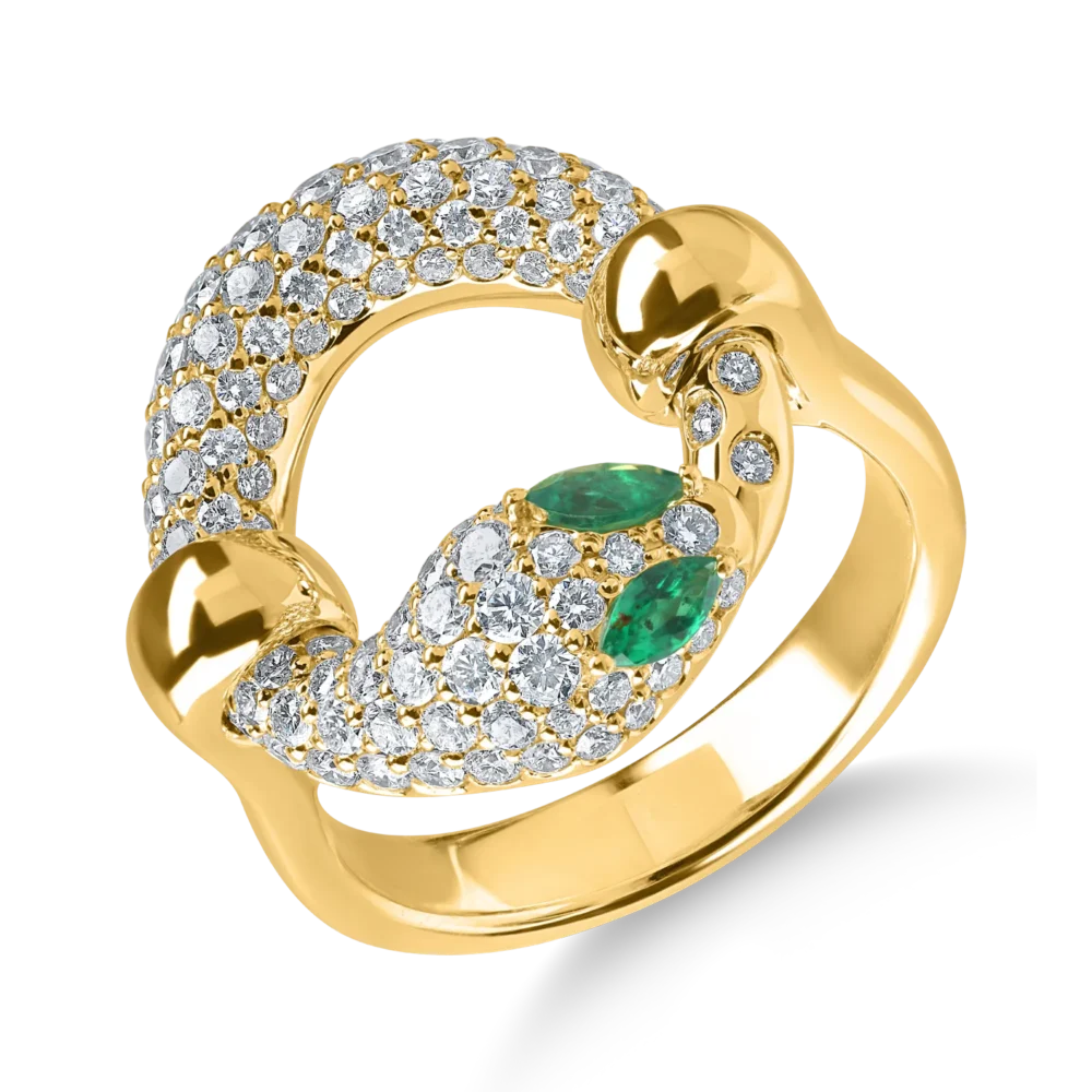 Inel sarpe din aur galben cu smaralde marquise de 0.1ct si diamante de 1.3ct