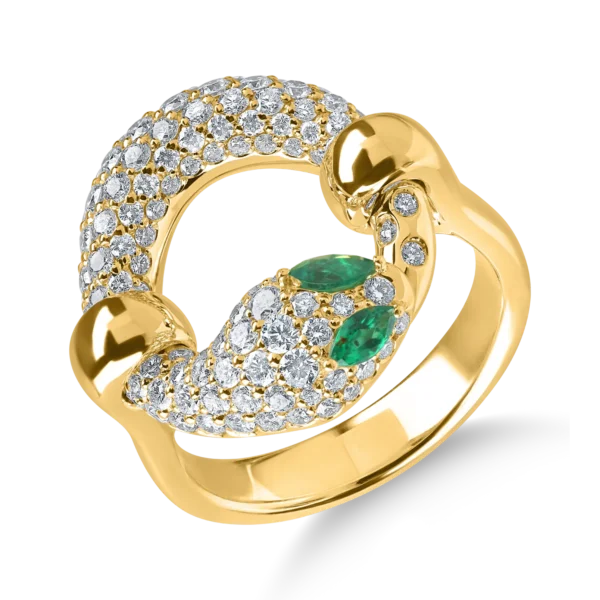 Inel sarpe din aur galben cu smaralde marquise de 0.1ct si diamante de 1.3ct