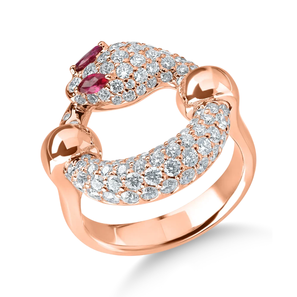 Inel sarpe din aur roz cu rubine marquise de 0.1ct si diamante de 1.3ct