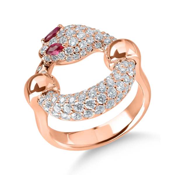 Inel sarpe din aur roz cu rubine marquise de 0.1ct si diamante de 1.3ct