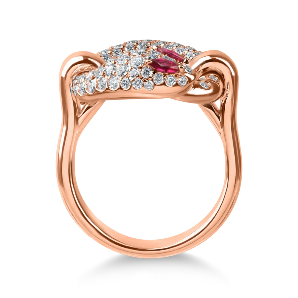 Inel sarpe din aur roz cu rubine marquise de 0.1ct si diamante de 1.3ct - imagine 2