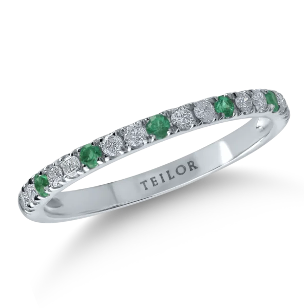 Inel semi eternity din aur alb cu diamante de 0.15ct si smaralde de 0.06ct