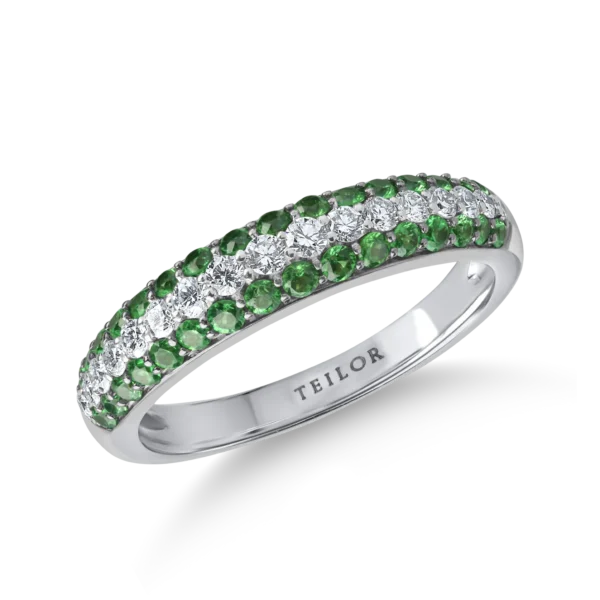 Inel semi eternity din aur alb cu diamante de 0.2ct si tsavorite de 0.4ct