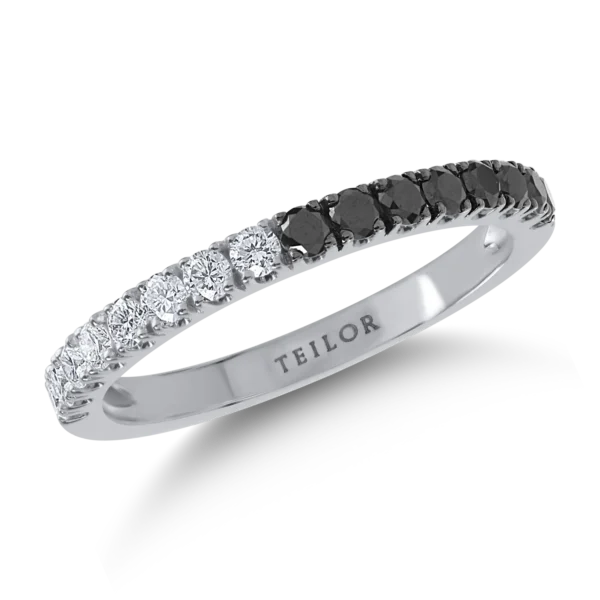 Inel semi eternity din aur alb cu diamante incolore si negre de 0.6ct