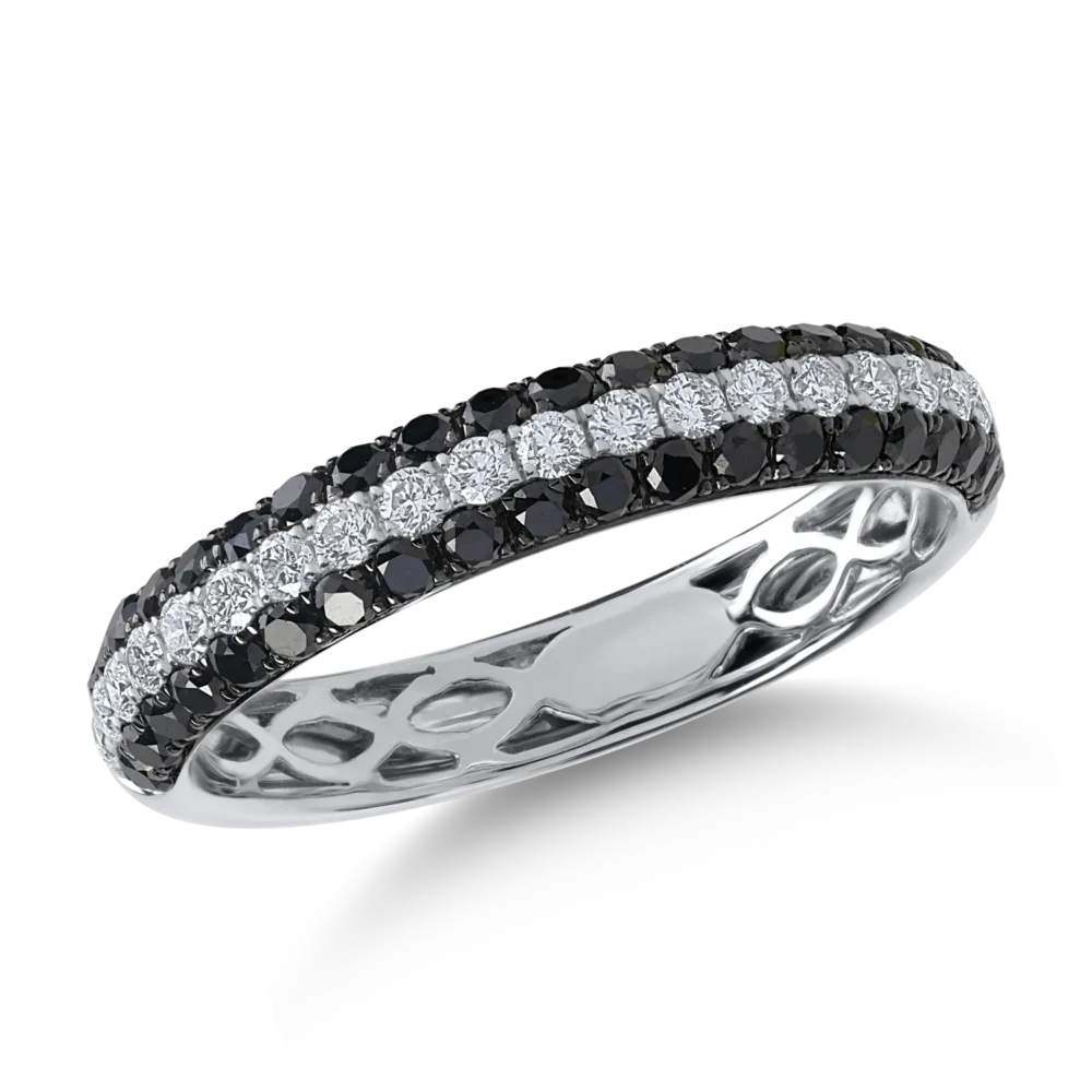 Inel semi eternity din aur alb cu diamante incolore si negre de 0.8ct