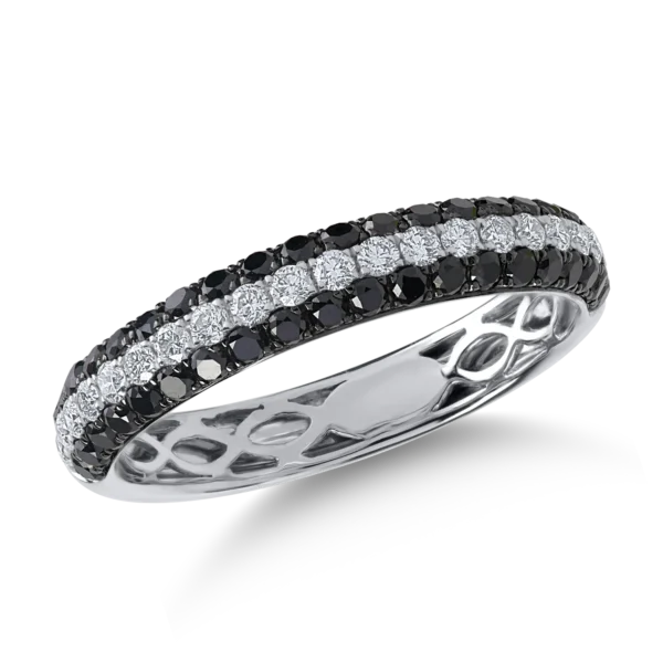 Inel semi eternity din aur alb cu diamante incolore si negre de 0.8ct