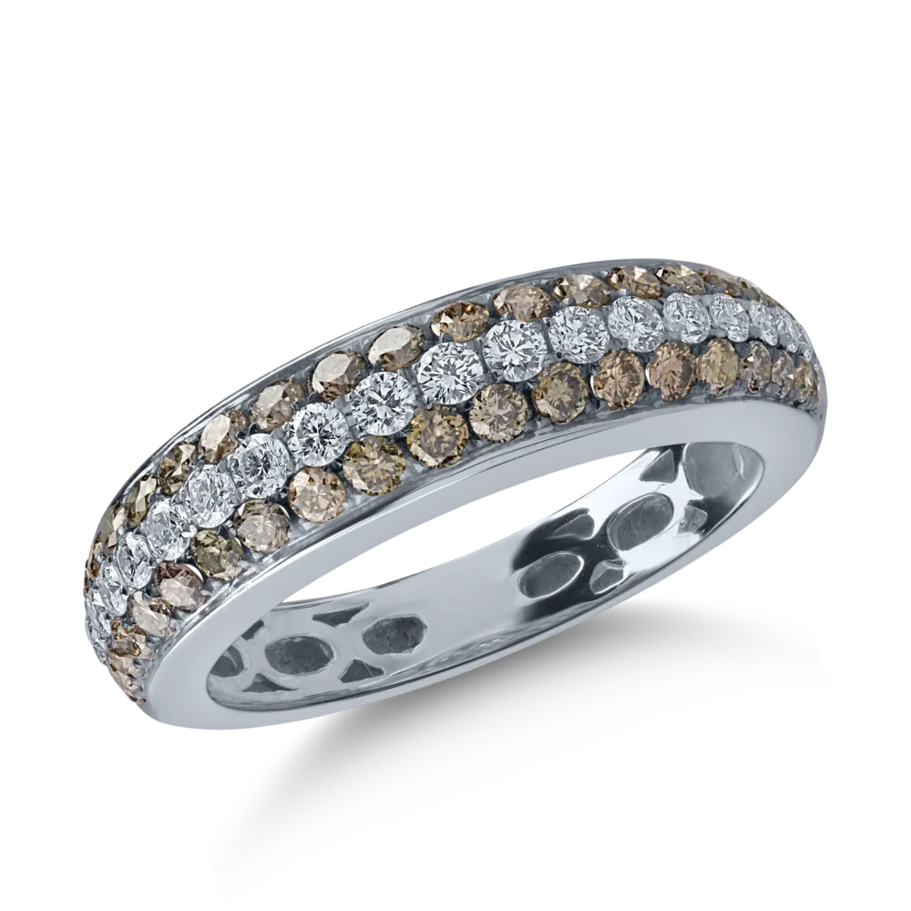 Inel semi eternity din aur alb cu diamante maro de 0.63ct si diamante transparente de 0.32ct